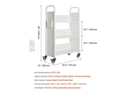 Carrinho de Livros SucceBuy, Capacidade de Carga 150 kg, Carrinho de Biblioteca, 77 x 38 x 122 cm, Prateleira de Armazenamento de Livros Face Única em L, Branco