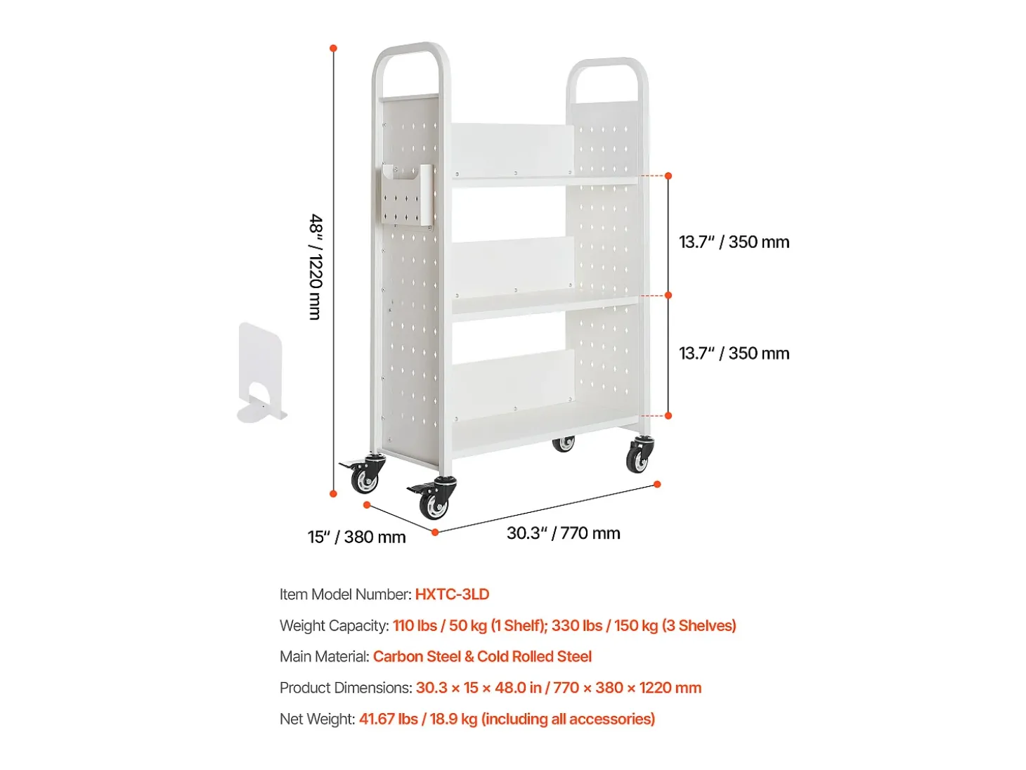 Carrinho de Livros SucceBuy, Capacidade de Carga 150 kg, Carrinho de Biblioteca, 77 x 38 x 122 cm, Prateleira de Armazenamento de Livros Face Única em L, Branco