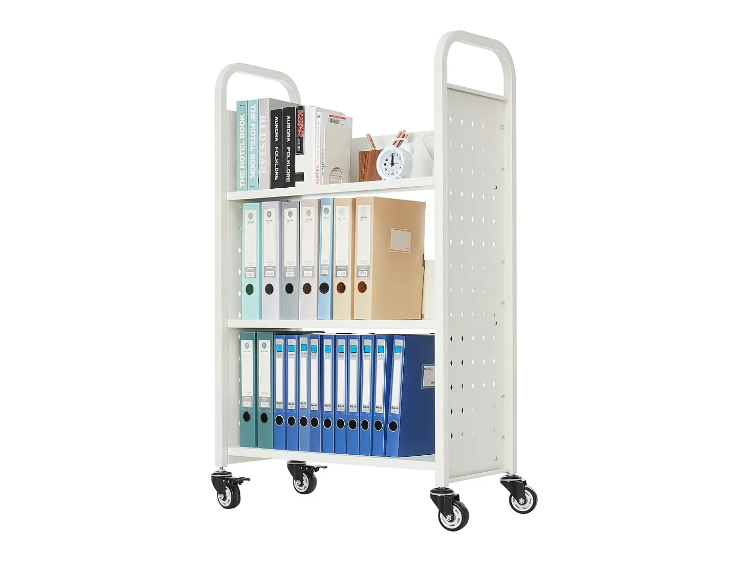 Carrinho de Livros SucceBuy, Capacidade de Carga 150 kg, Carrinho de Biblioteca, 77 x 38 x 122 cm, Prateleira de Armazenamento de Livros Face Única em L, Branco