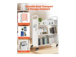 Carrinho de Livros SucceBuy, Capacidade de Carga 150 kg, Carrinho de Biblioteca, 97x51,5x122,5 cm, Prateleira de Armazenamento de Livros Dupla Face, para Sala