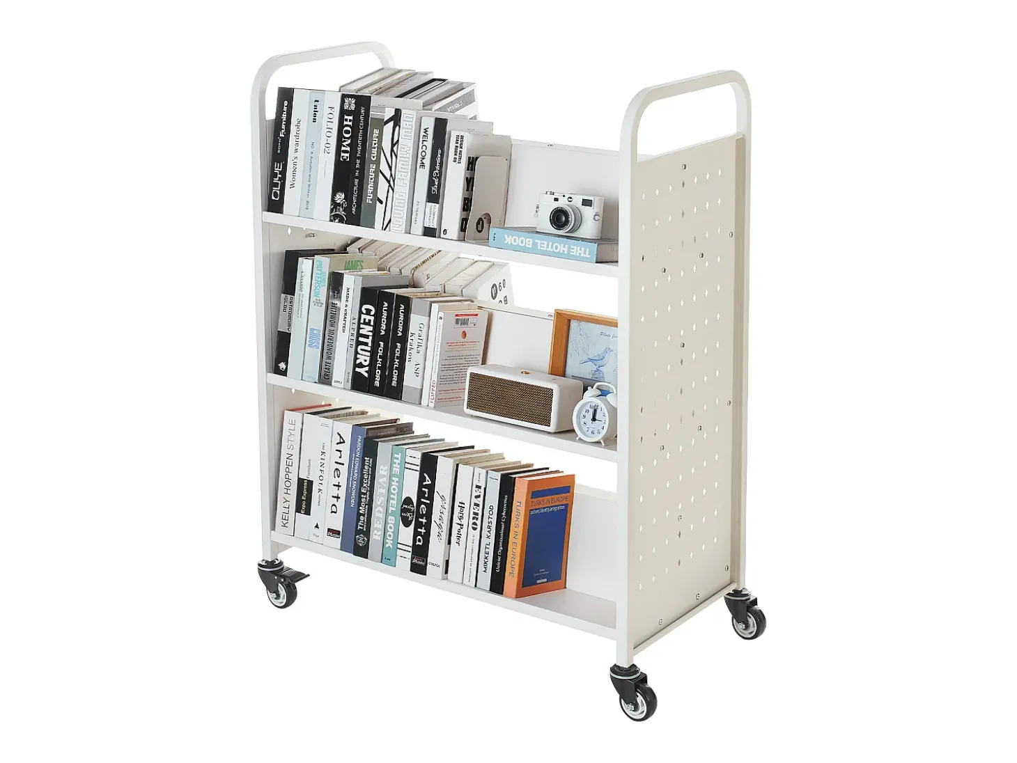 Carrinho de Livros SucceBuy, Capacidade de Carga 150 kg, Carrinho de Biblioteca, 97x51,5x122,5 cm, Prateleira de Armazenamento de Livros Dupla Face, para Sala