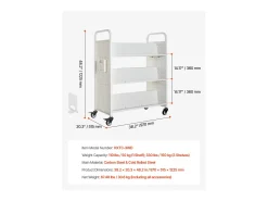Carrinho de Livros SucceBuy, Capacidade de Carga 150 kg, Carrinho de Biblioteca, 97x51,5x122,5 cm, Prateleira de Armazenamento de Livros Dupla Face, para Sala