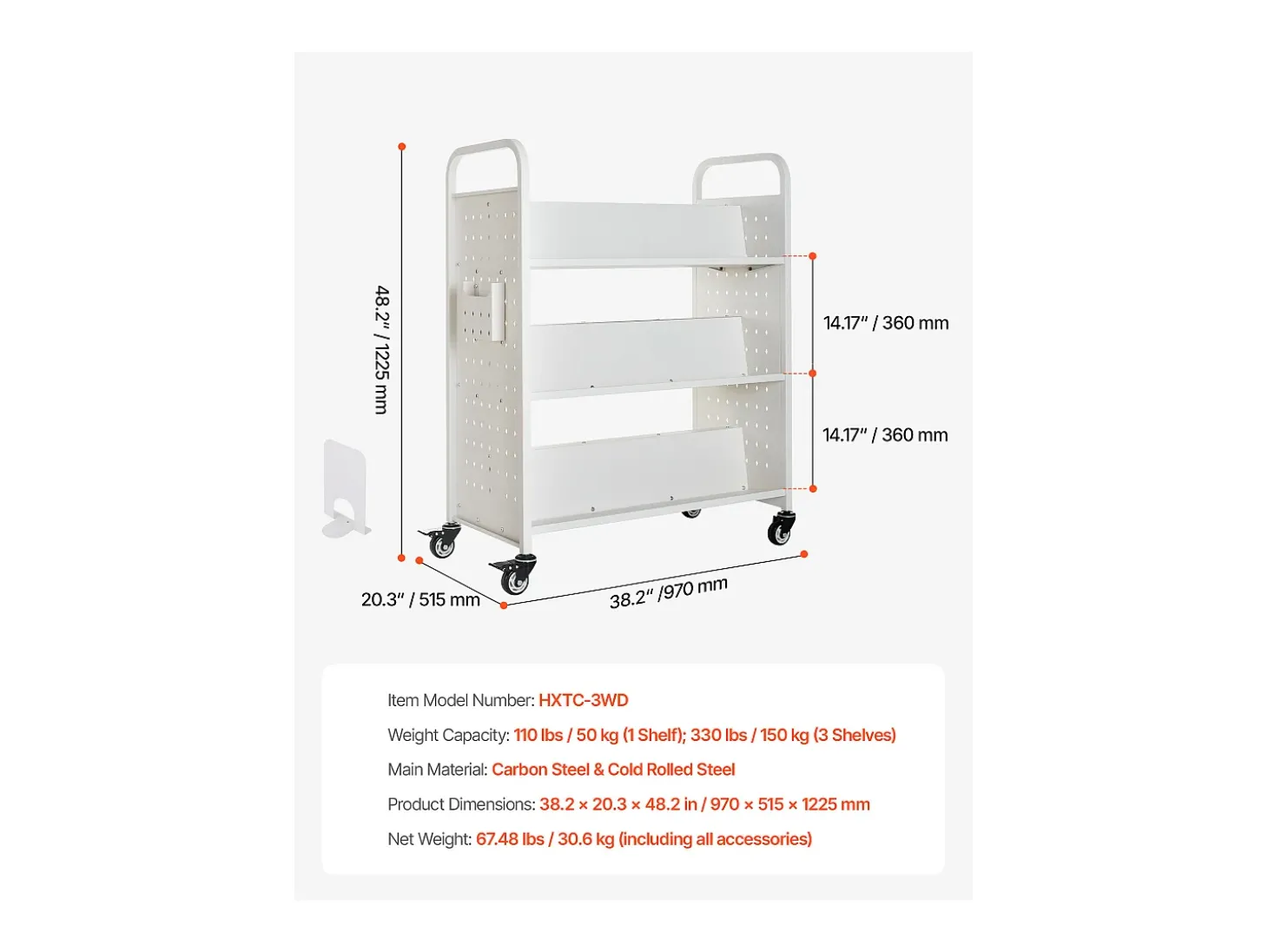 Carrinho de Livros SucceBuy, Capacidade de Carga 150 kg, Carrinho de Biblioteca, 97x51,5x122,5 cm, Prateleira de Armazenamento de Livros Dupla Face, para Sala