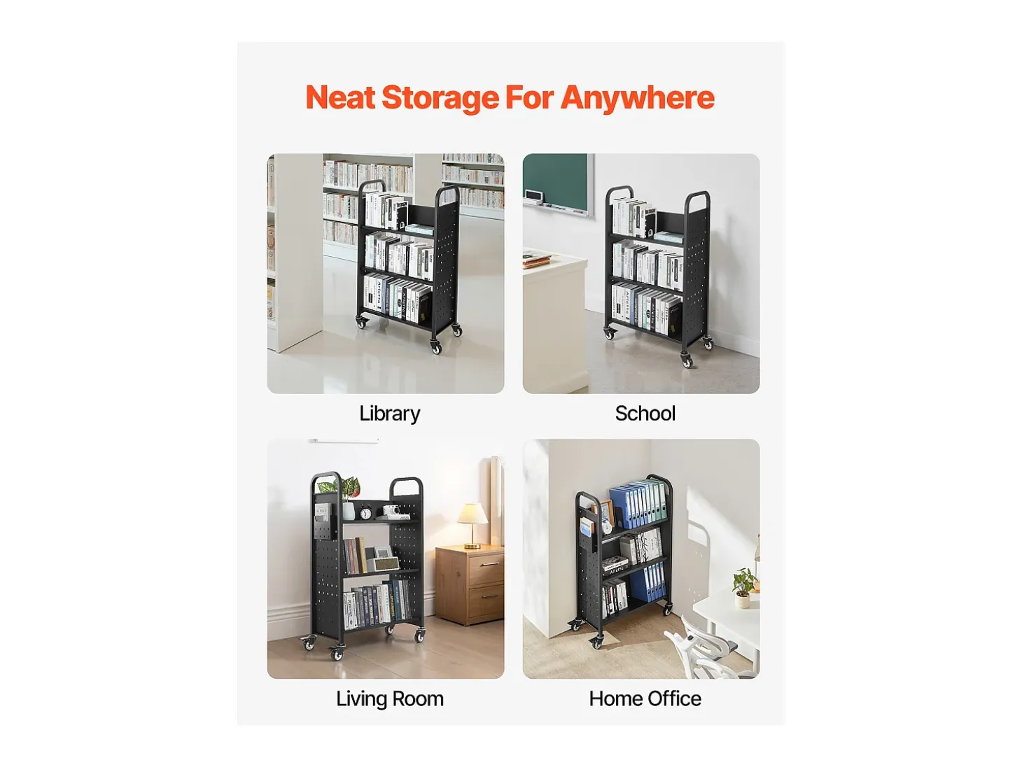 Carrinho de Livros SucceBuy, Capacidade de Carga 150 kg, 77 x 38 x 122 cm, Prateleira de Armazenamento de Livros Face Única em V, para Sala, Escritório, Escola