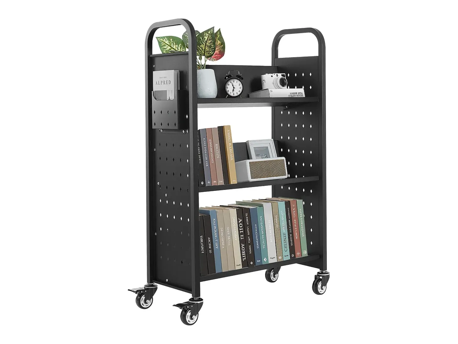 Carrinho de Livros SucceBuy, Capacidade de Carga 150 kg, 77 x 38 x 122 cm, Prateleira de Armazenamento de Livros Face Única em V, para Sala, Escritório, Escola