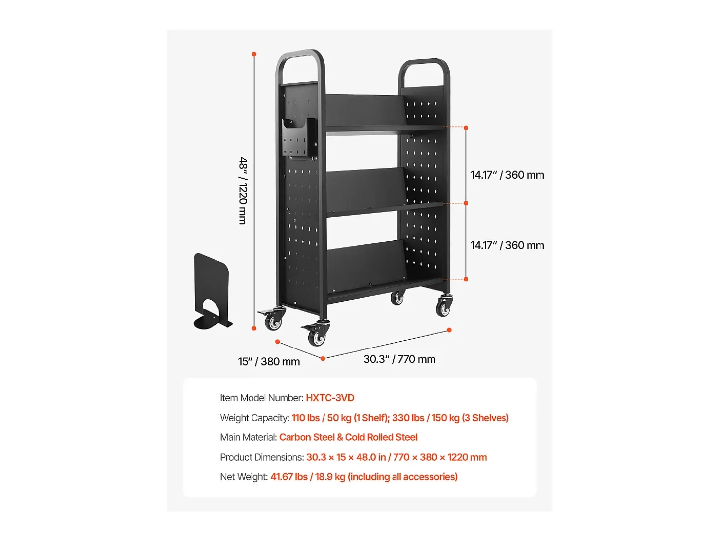 Carrinho de Livros SucceBuy, Capacidade de Carga 150 kg, 77 x 38 x 122 cm, Prateleira de Armazenamento de Livros Face Única em V, para Sala, Escritório, Escola