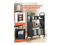 Carrinho de Livros SucceBuy, Capacidade de Carga 150 kg, 77 x 38 x 122 cm, Prateleira de Armazenamento de Livros Face Única em V, para Sala, Escritório, Escola