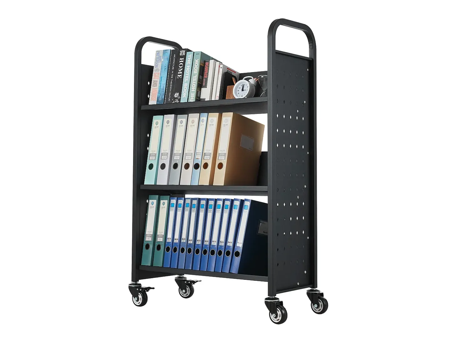 Carrinho de Livros SucceBuy, Capacidade de Carga 150 kg, 77 x 38 x 122 cm, Prateleira de Armazenamento de Livros Face Única em V, para Sala, Escritório, Escola