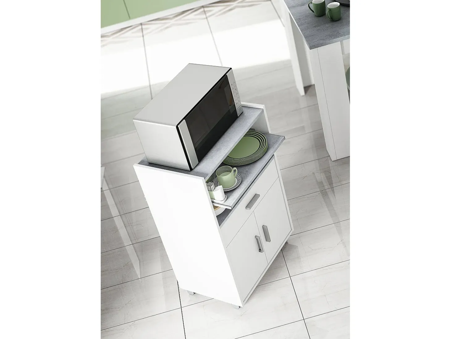 Carrinho Dmatte, Armário auxiliar de cozinha com rodas, Armário multiuso com 2 portas e 1 prateleira, 59x40h92 cm, Branco