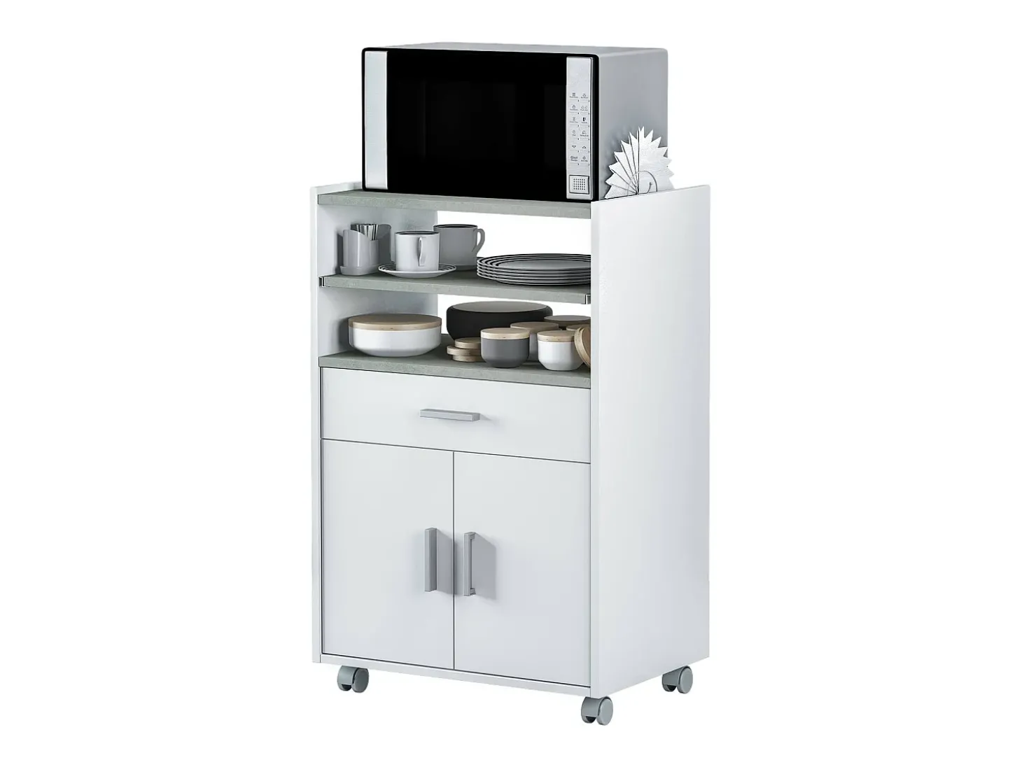 Carrinho Dmatte, Armário auxiliar de cozinha com rodas, Armário multiuso com 2 portas e 1 prateleira, 59x40h92 cm, Branco