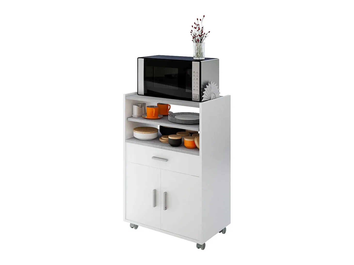 Carrinho Dmatte, Armário auxiliar de cozinha com rodas, Armário multiuso com 2 portas e 1 prateleira, 59x40h92 cm, Branco