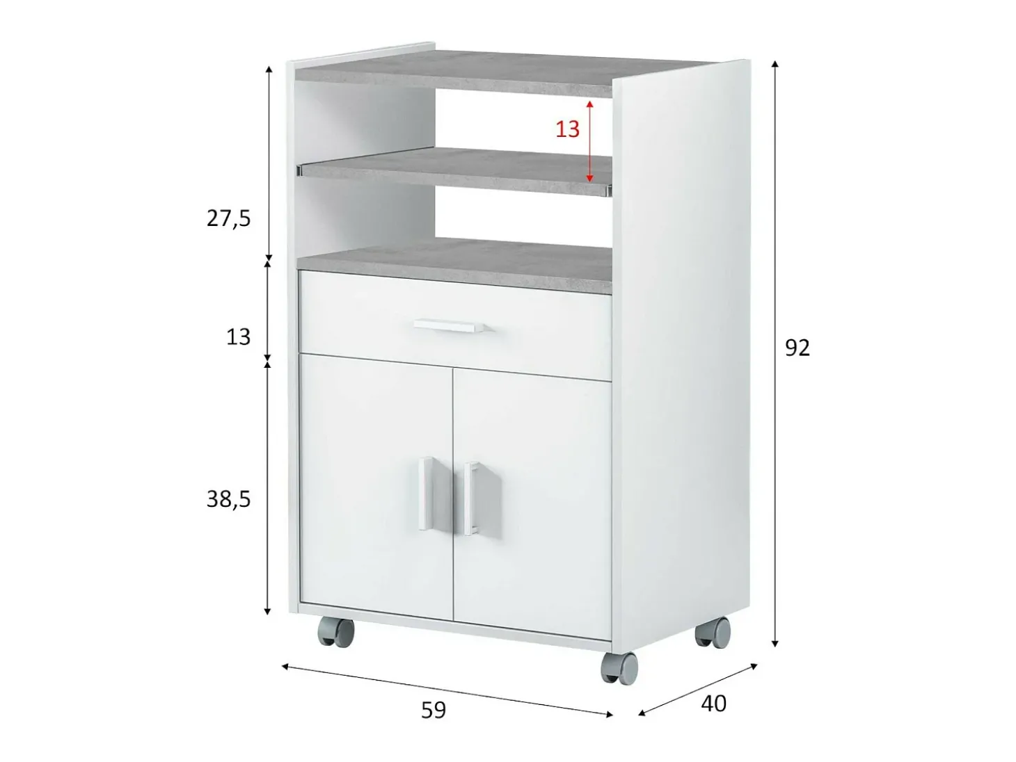 Carrinho Dmatte, Armário auxiliar de cozinha com rodas, Armário multiuso com 2 portas e 1 prateleira, 59x40h92 cm, Branco
