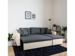 CLARK Sofá-cama de canto de 3 lugares cinzento e branco