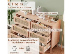 Cômoda de 6 gavetas em rattan natural, estilo boêmio, para quarto ou sala de estar, cor madeira.