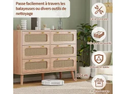 Cômoda de 6 gavetas em rattan natural, estilo boêmio, para quarto ou sala de estar, cor madeira.
