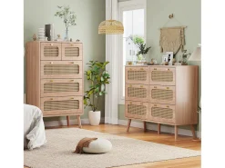 Cômoda de 6 gavetas em rattan natural, estilo boêmio, para quarto ou sala de estar, cor madeira.