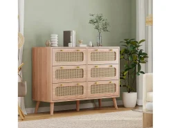 Cômoda de 6 gavetas em rattan natural, estilo boêmio, para quarto ou sala de estar, cor madeira.
