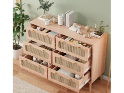 Cômoda de 6 gavetas em rattan natural, estilo boêmio, para quarto ou sala de estar, cor madeira.
