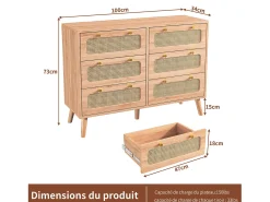 Cômoda de 6 gavetas em rattan natural, estilo boêmio, para quarto ou sala de estar, cor madeira.