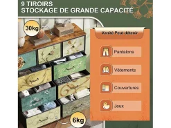 Cômoda de 9 gavetas para quarto, estilo industrial, estrutura de metal, tampo de madeira, multicolorida
