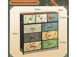 Cômoda de 9 gavetas para quarto, estilo industrial, estrutura de metal, tampo de madeira, multicolorida