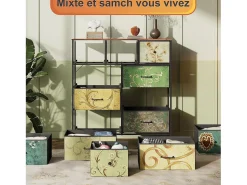 Cômoda de 9 gavetas para quarto, estilo industrial, estrutura de metal, tampo de madeira, multicolorida