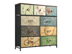 Cômoda de 9 gavetas para quarto, estilo industrial, estrutura de metal, tampo de madeira, multicolorida