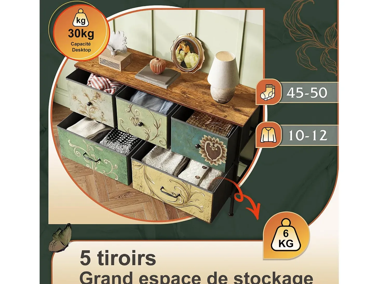 Cômoda de 5 gavetas para quarto, armário de armazenamento com estrutura metálica, multicolorida