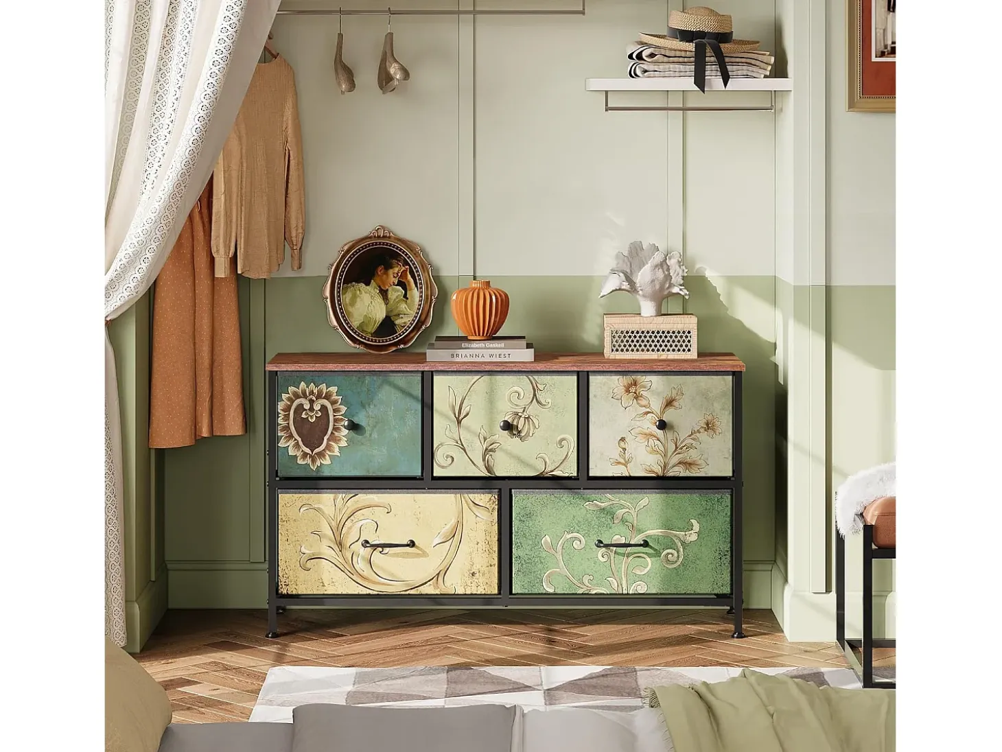Cômoda de 5 gavetas para quarto, armário de armazenamento com estrutura metálica, multicolorida