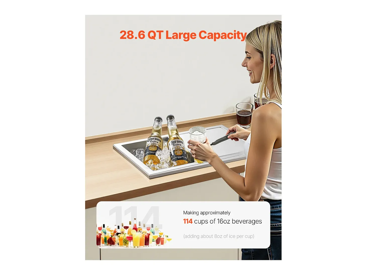 Cofre Térmico de Encastrar em Aço Inoxidável SucceBuy, 45,5 x 30,5 x 38,5 cm, Caixa de Gelo de 27,1 L, Recipiente Comercial para Armazenamento Exterior para Vinho