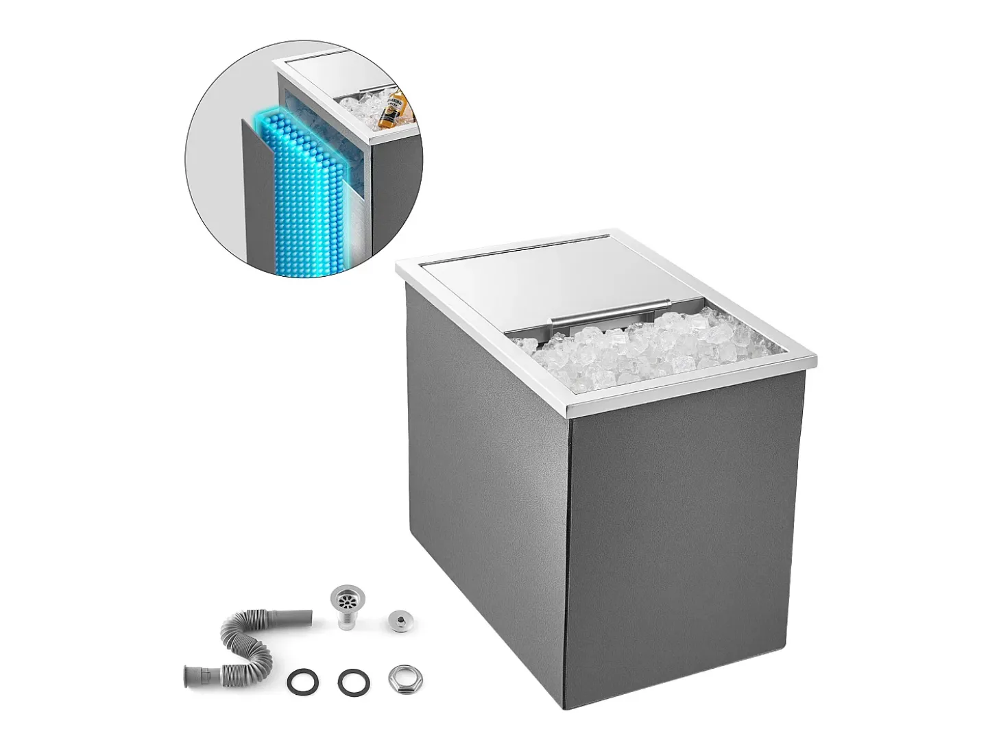 Cofre Térmico de Encastrar em Aço Inoxidável SucceBuy, 45,5 x 30,5 x 38,5 cm, Caixa de Gelo de 27,1 L, Recipiente Comercial para Armazenamento Exterior para Vinho
