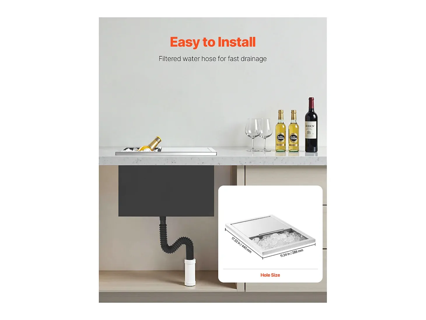 Cofre Térmico de Encastrar em Aço Inoxidável SucceBuy, 45,5 x 30,5 x 38,5 cm, Caixa de Gelo de 27,1 L, Recipiente Comercial para Armazenamento Exterior para Vinho