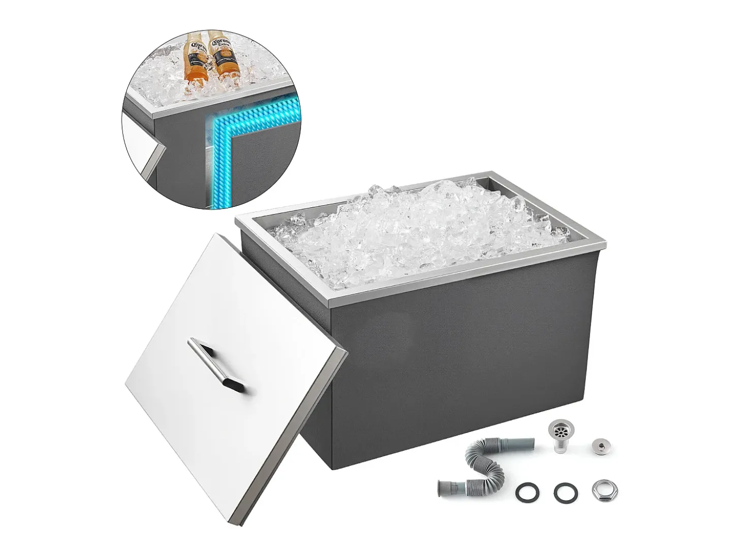 Cofre Térmico de Encastrar em Aço Inoxidável SucceBuy, 50,8 x 35,5 x 30,6 cm, Caixa de Gelo Comercial para Exterior de 30 L para Vinho e Cerveja Gelados