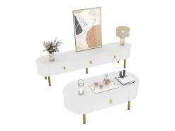 Combinação de armário de TV e mesa de centro com gavetas e cantos arredondados. Design leve e luxuoso para a sala de estar.