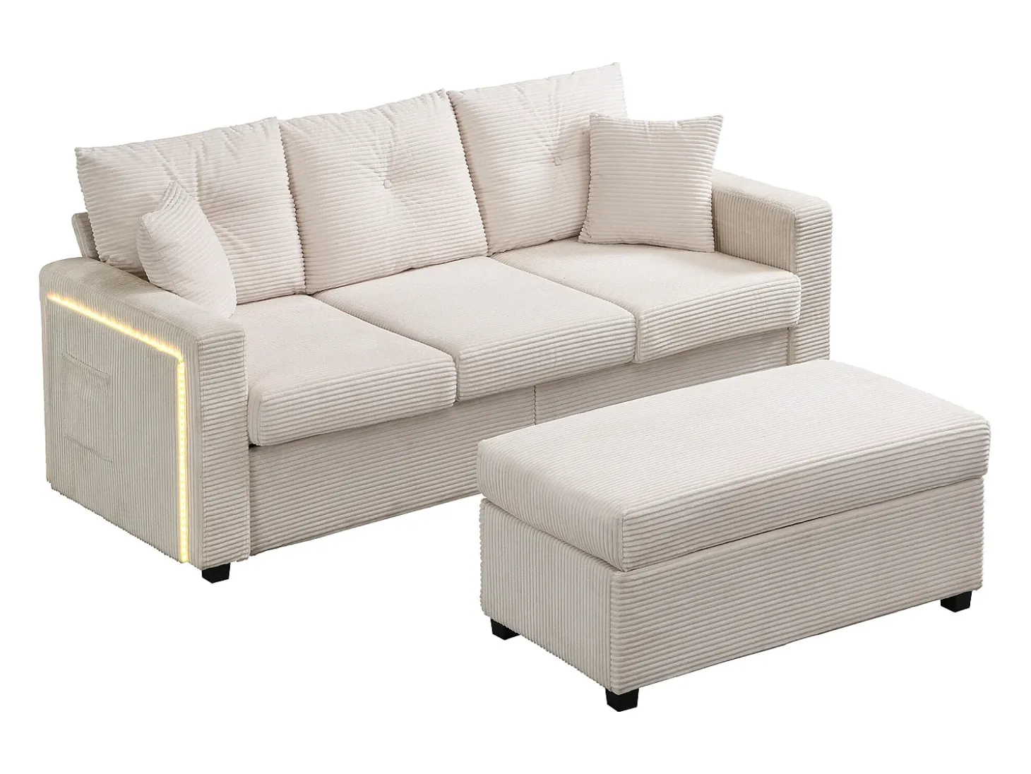 Combinação de sofá moderno 184x84.5x85.5cm - com apoio de pés removível e iluminação LED - com bolsos laterais - combinação livre - Bege