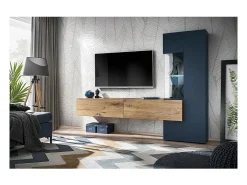 Composição de parede coleção MARIANO cor azul-marinho e carvalho. LED incluso. Móvel de TV design.