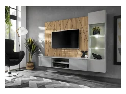 Composição de parede IXAR geométrica – Móvel para TV + vitrine suspensa + painéis decorativos