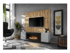 Composição de parede IXAR geométrica – Móvel para TV + painéis decorativos de parede + lareira a bioetanol