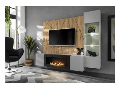 Composição de parede IXAR geométrica – Móvel de TV, vitrine suspensa, painéis de parede e lareira a bioetanol