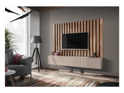 Composição de parede TASHYA – Móvel para TV e painel de parede – Carvalho Artesão e branco areia