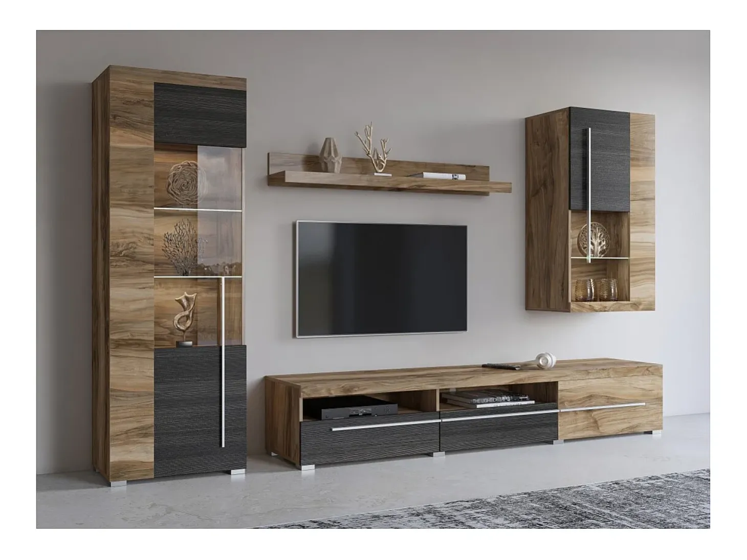 Composição mural BRAZZA – Móvel para TV, vitrines e prateleira – Design em nogueira acetinado