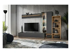 Composição mural coleção KLIS 2 cores cinza antracite e carvalho. LED incluído. Móvel de TV design.