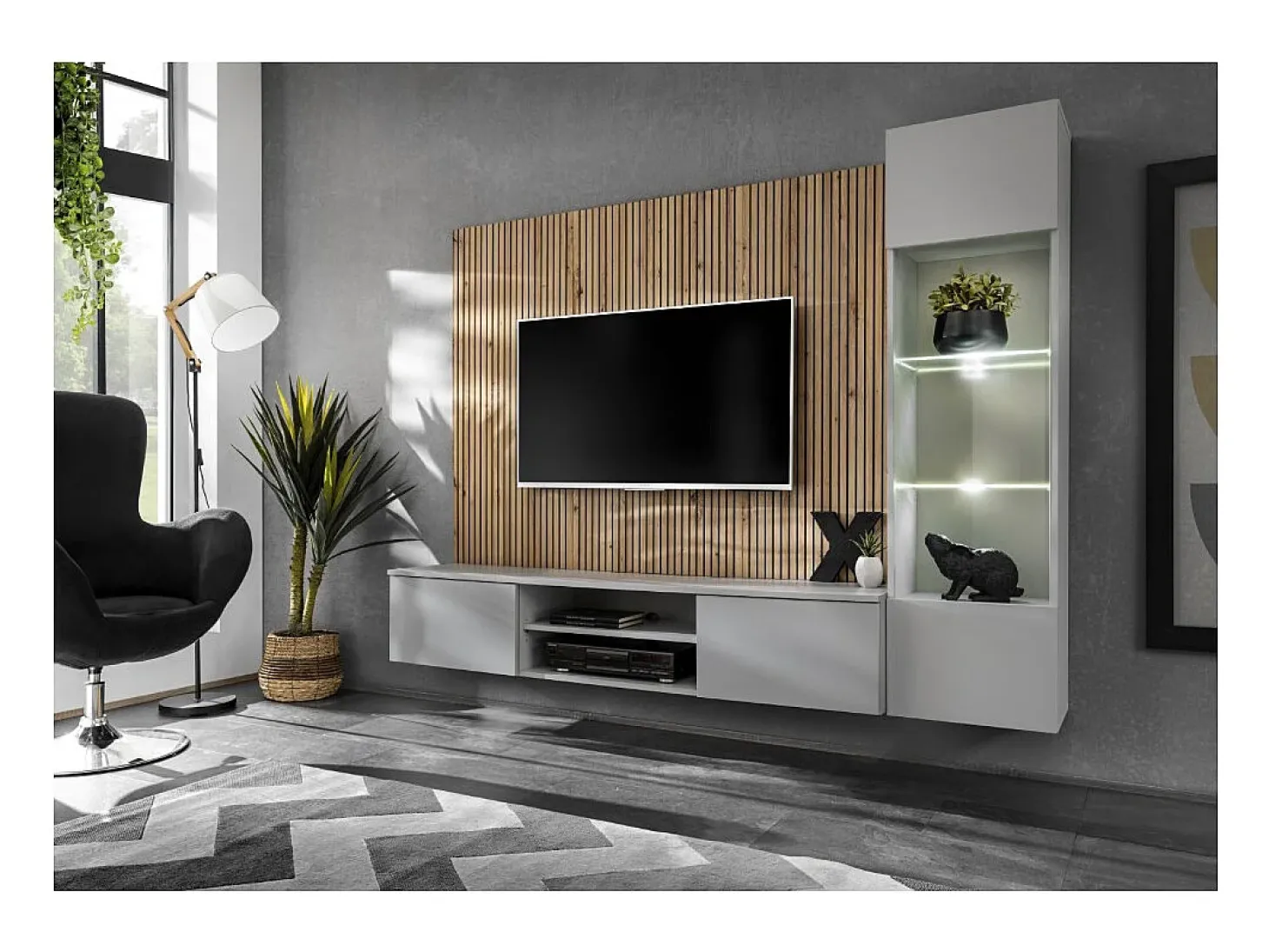 Composição mural IXAR – Móvel de TV e vitrine suspensa – Com LED