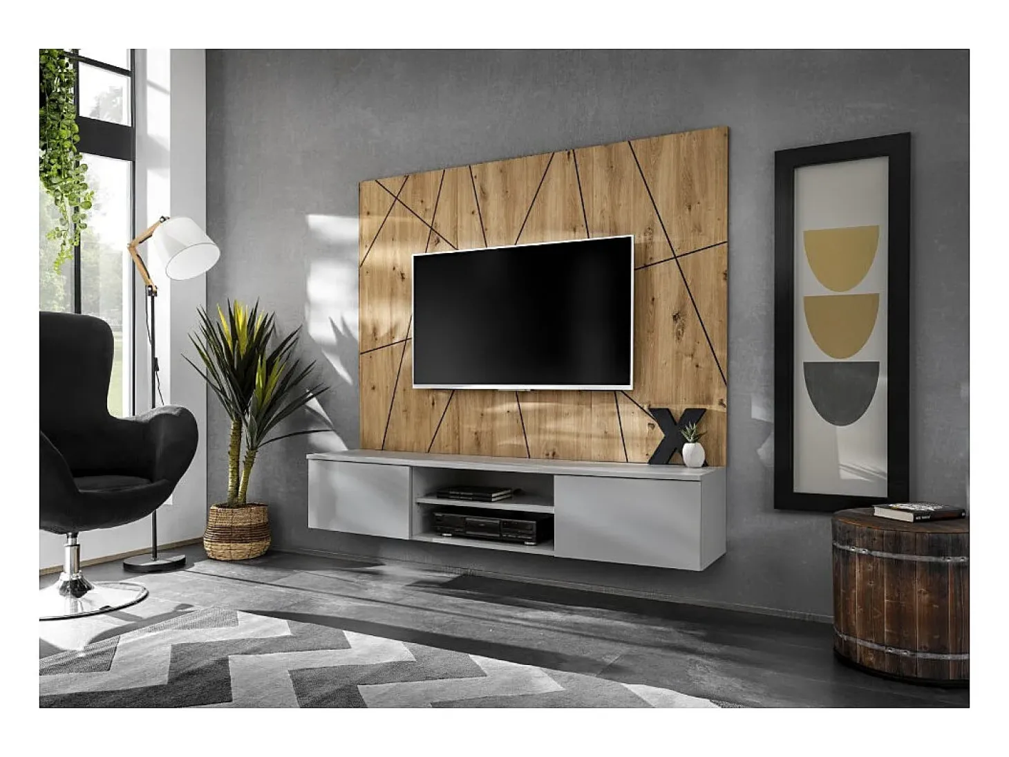 Composição mural IXAR geométrica – Móvel para TV + painéis decorativos