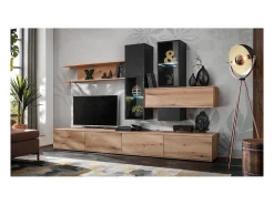 Composição mural ORIANE – Móveis para TV + armazenamentos suspensos – Carvalho Coast Evoke e preto fosco