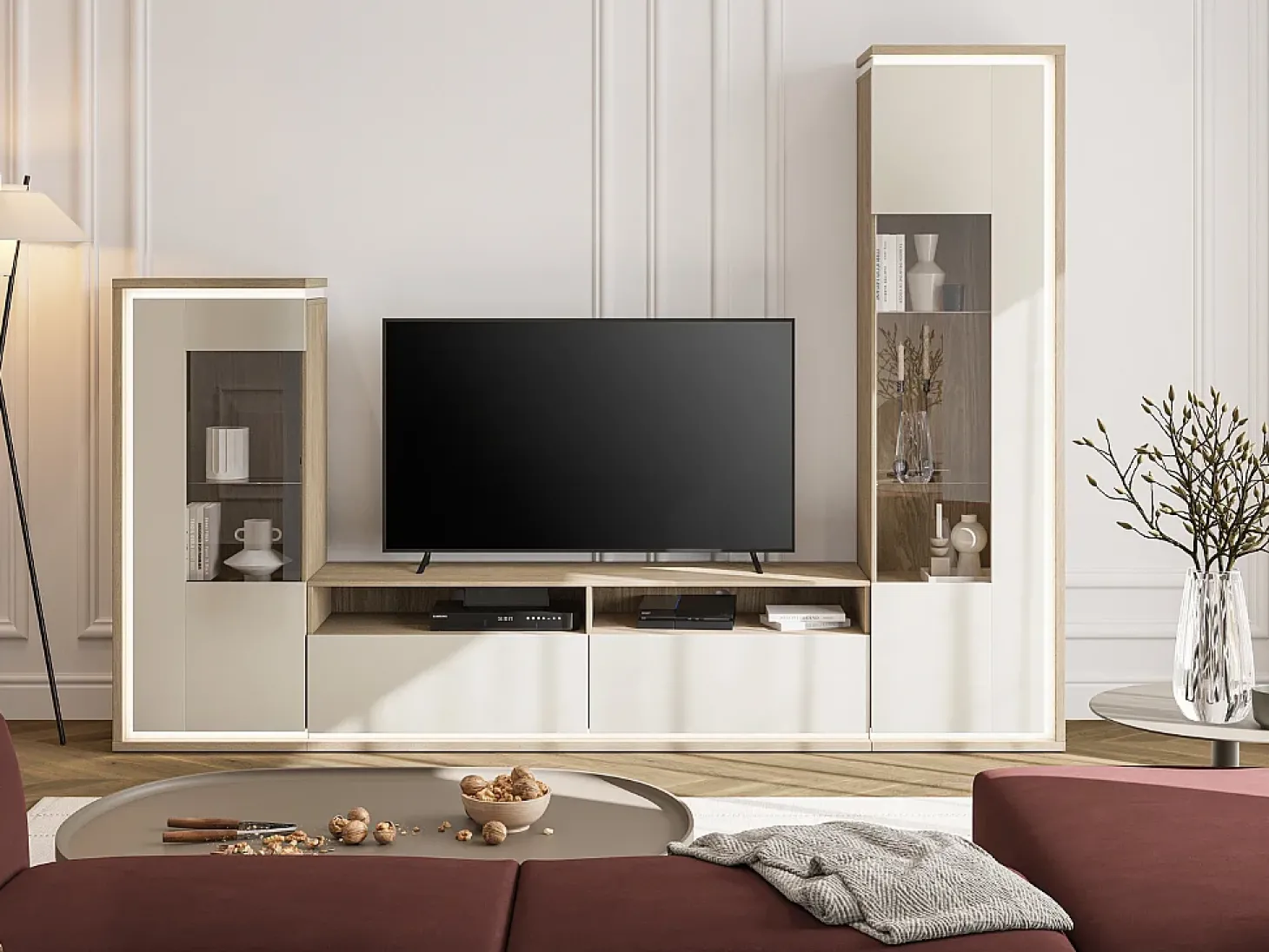 Composição para TV AMBIHOME BARIOS - Caxemira/Carvalho, c/iluminação LED