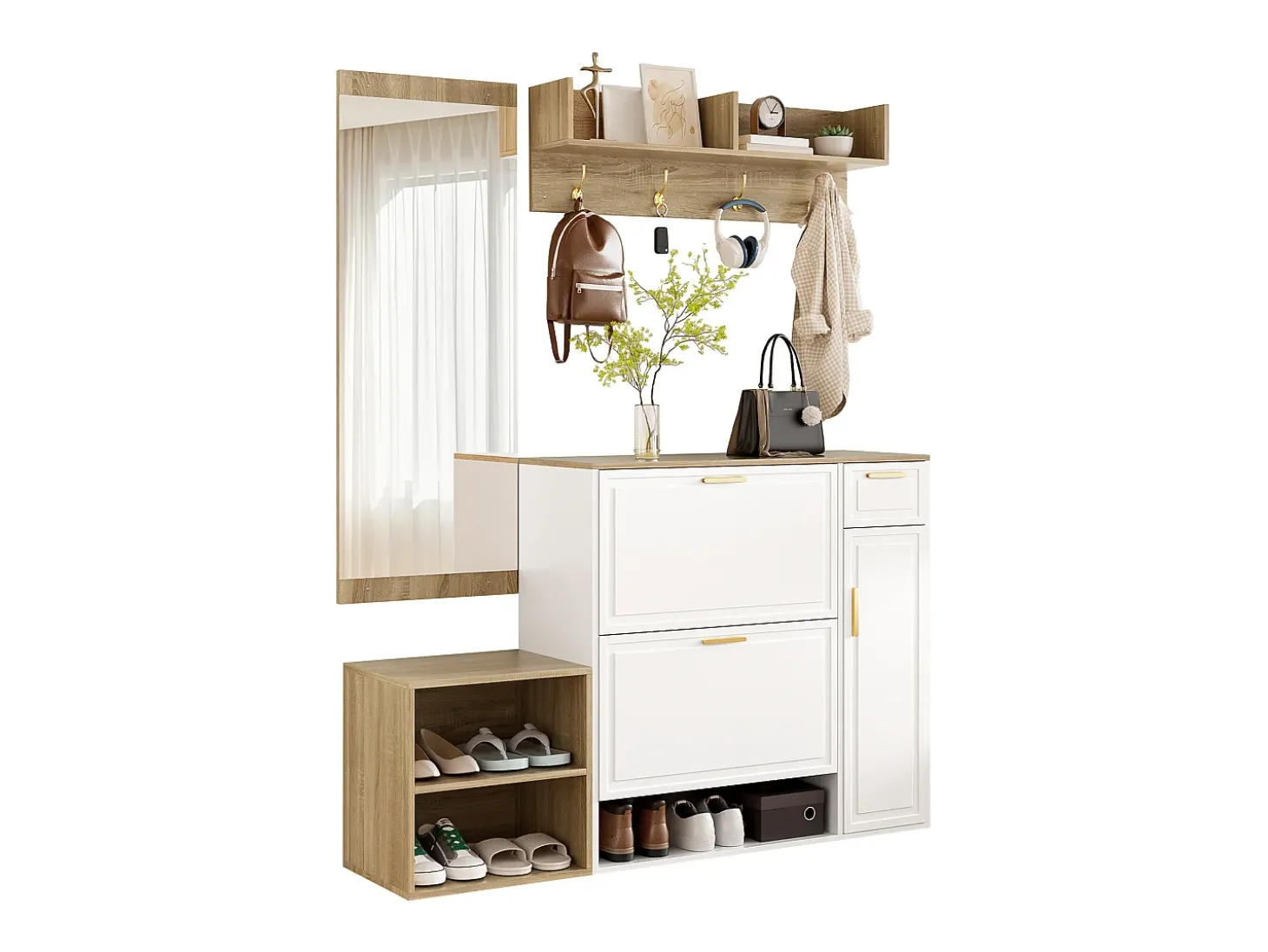 Conjunto cabideiro de entrada 130x30x174cm - con 2 sapateiros - con espelho de parete e cabide - Natural + Branco