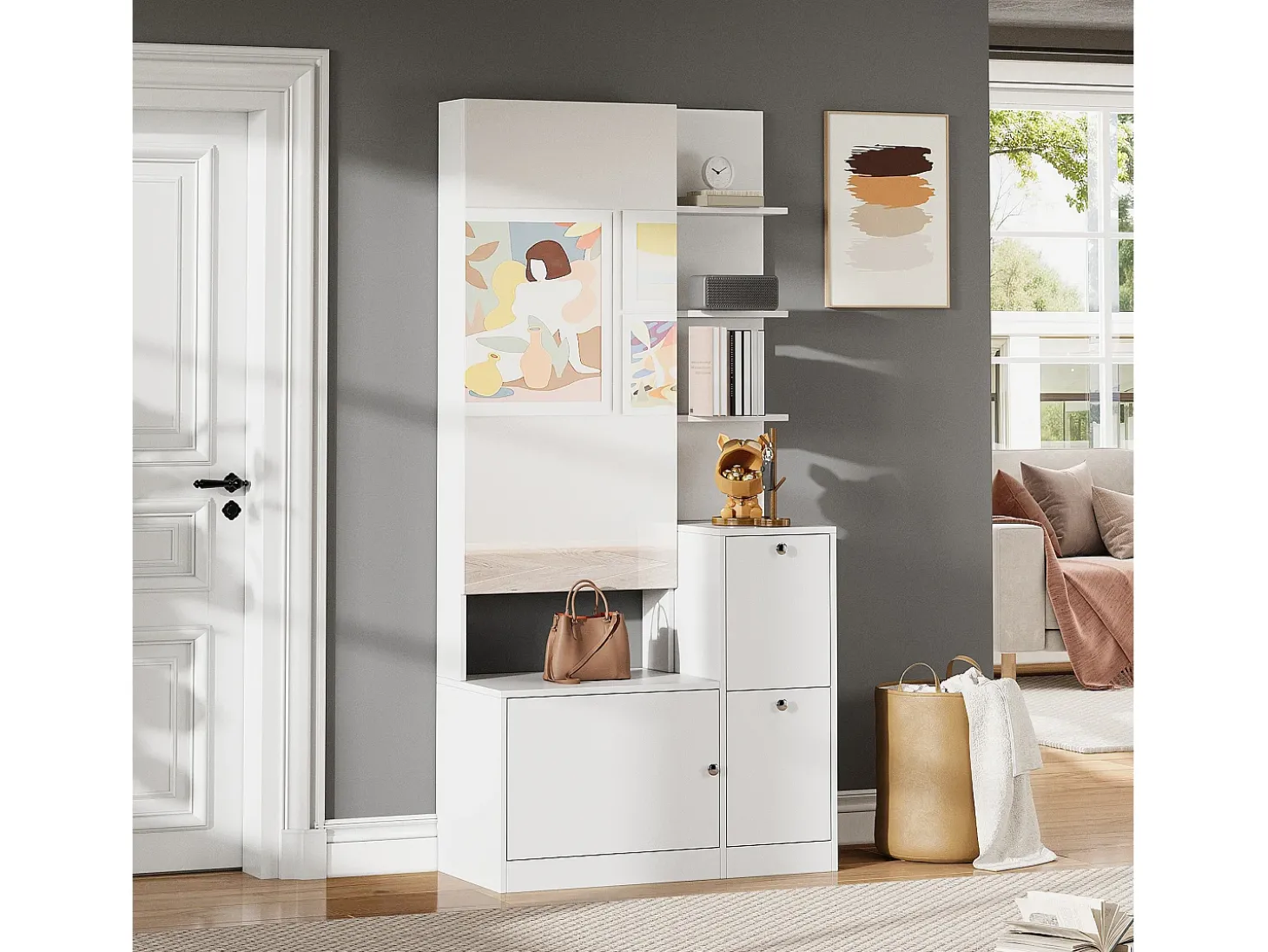 Conjunto cabideiro de entrada 85x40x180 cm - con espelho e 2 organizadores de sapatos - 2 portas - prateleiras abertas - branco
