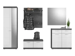 Conjunto completo para entrada SCOTT cinza escuro e branco lacado com armário, cabideiro, sapateira e espelho de parede