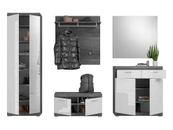 Conjunto completo para entrada SCOTT cinza escuro e branco lacado com armário, cabideiro, sapateira e espelho de parede